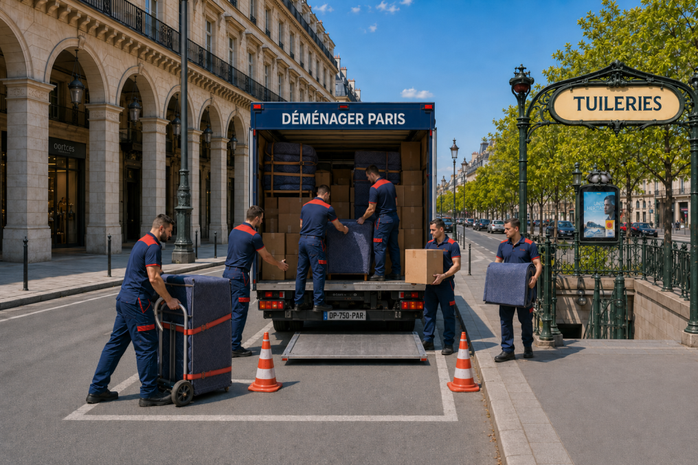 Six déménageurs chargeant un camion bleu nuit près de l’entrée du métro Tuileries à Paris.