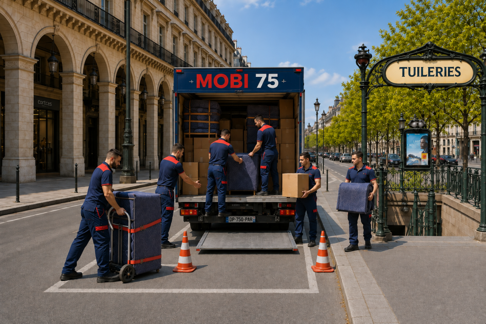 Six déménageurs chargeant un camion bleu nuit près de l’entrée du métro Tuileries à Paris.
