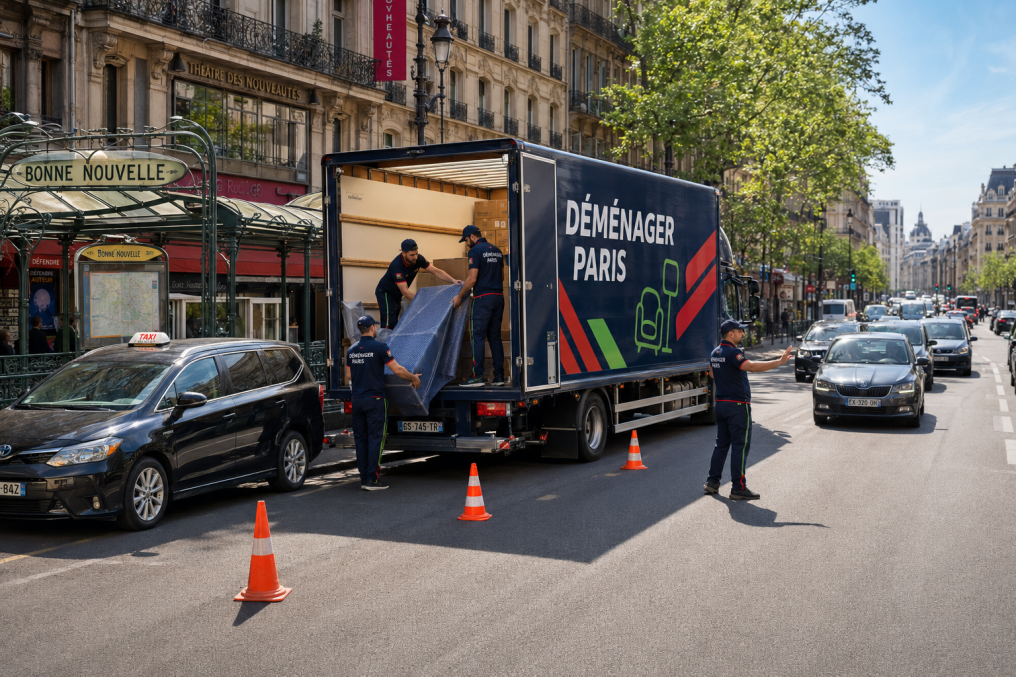 Quatre déménageurs chargeant un camion bleu nuit près du métro Bonne-Nouvelle avec un taxi stationné à proximité.