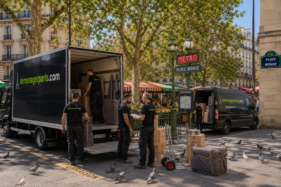 Déménageurs de demenagerparis.com place Monge Paris 5 avec deux camions lors d'un déménagement de 55 m³