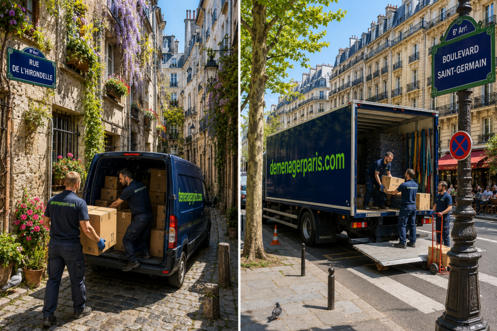 Deux déménageurs chargent un Kangoo demenagerparis.com rue de l'Hirondelle pendant qu'un camion Renault stationne boulevard Saint-Germain pour assurer les rotations.