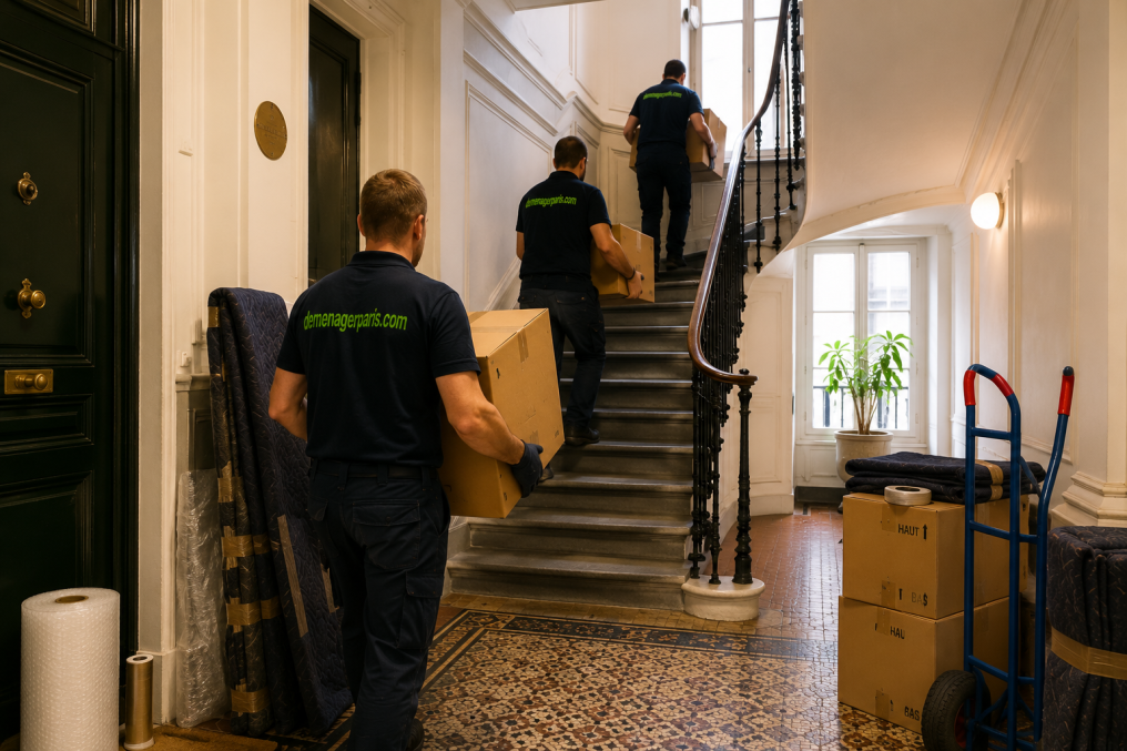 Six déménageurs montent les cartons du premier au cinquième étage dans un immeuble du passage Landrieu à Paris 7.