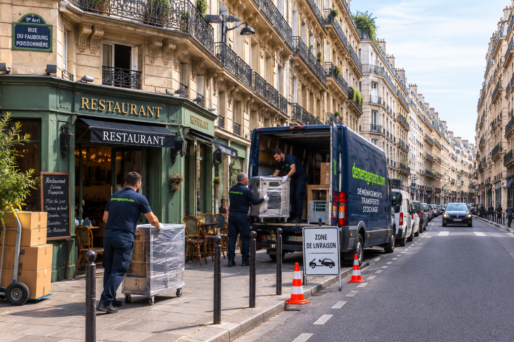 Démontage d'un restaurant rue du Faubourg-Poissonnière à Paris 9 avec un poids lourd Renault de demenagerparis.com chargé de la cuisine professionnelle et du mobilier.