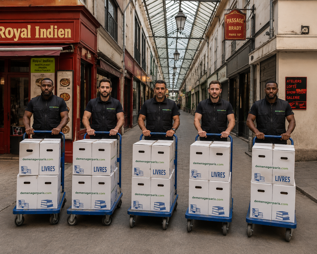 Cinq déménageurs de Déménager Paris transportent des cartons de livres sur des dollys dans le Passage Brady à Paris 10.