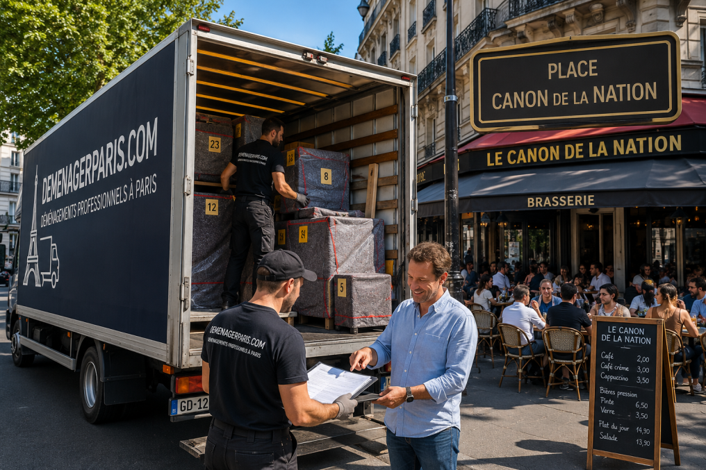 Poids lourd de Déménager Paris stationné près du Canon de la Nation avec mobilier emballé, numéroté et inventorié avant un mois de stockage.