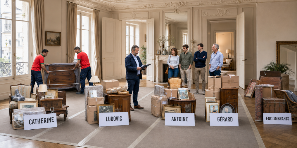 Alain organisant quatre lots de succession dans un grand appartement rue de Bretagne à Paris 3.
