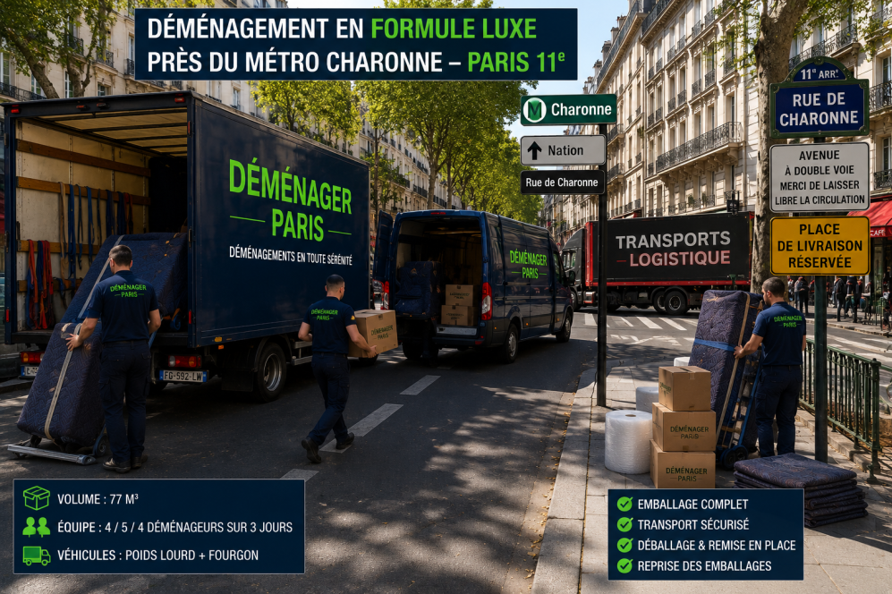 Déménagement en formule Luxe près du métro Charonne à Paris 11 avec un poids lourd, un fourgon et une équipe de déménageurs professionnels.