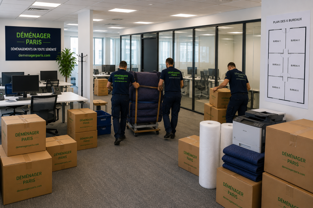 Déménagement d'entreprise à Paris 8 avec démontage, protection et transfert de bureaux avant la création de six nouveaux espaces de travail sur les Champs-Élysées.