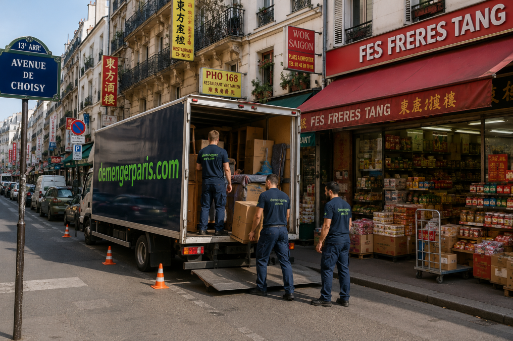 Camion Déménager Paris en livraison avenue de Choisy devant les commerces Frères Tang avec trois déménageurs déchargeant le mobilier après un mois de garde-meubles.