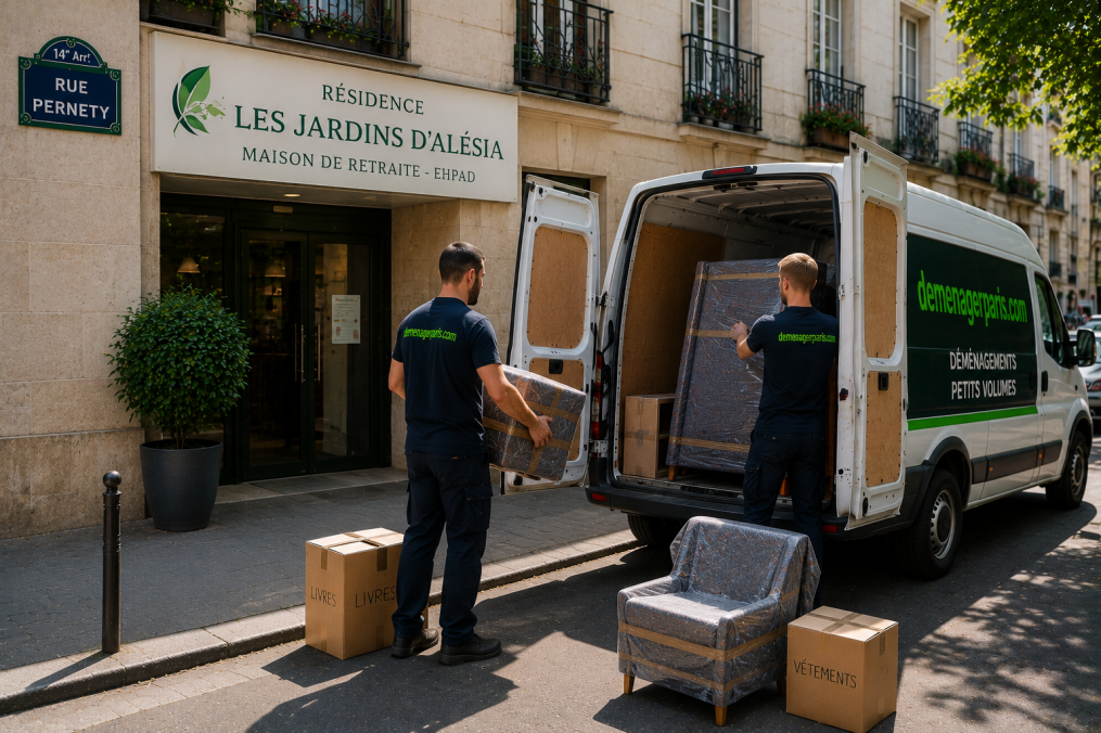 Petit déménagement senior réalisé par Déménager Paris devant la résidence Les Jardins d'Alésia dans le 14ᵉ arrondissement avec deux déménageurs et un fourgon.