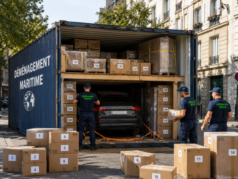 Conteneur maritime posé au sol et chargé par Déménager Paris avec trois déménageurs, une voiture arrimée sous une mezzanine en bois et du mobilier emballé, numéroté et prêt pour un transport international.